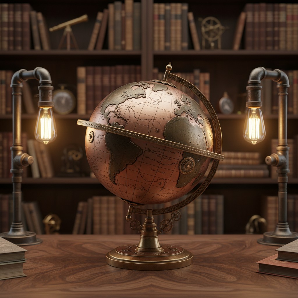 A bronze and copper-colored globe sits atop a wooden table, surrounded by vintage industrial lamps, with a bookshelf in th...