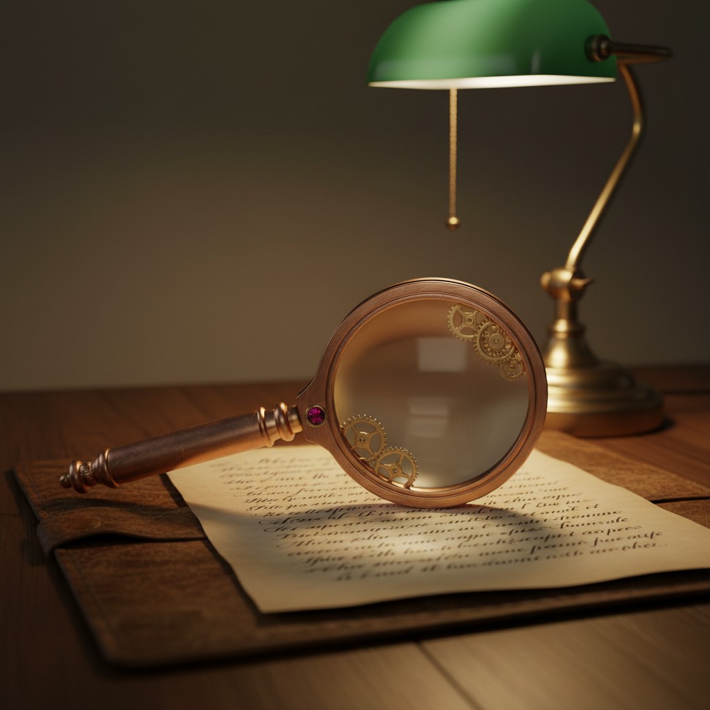 A magnifying glass sits on an open book, with a green desk lamp in the background.