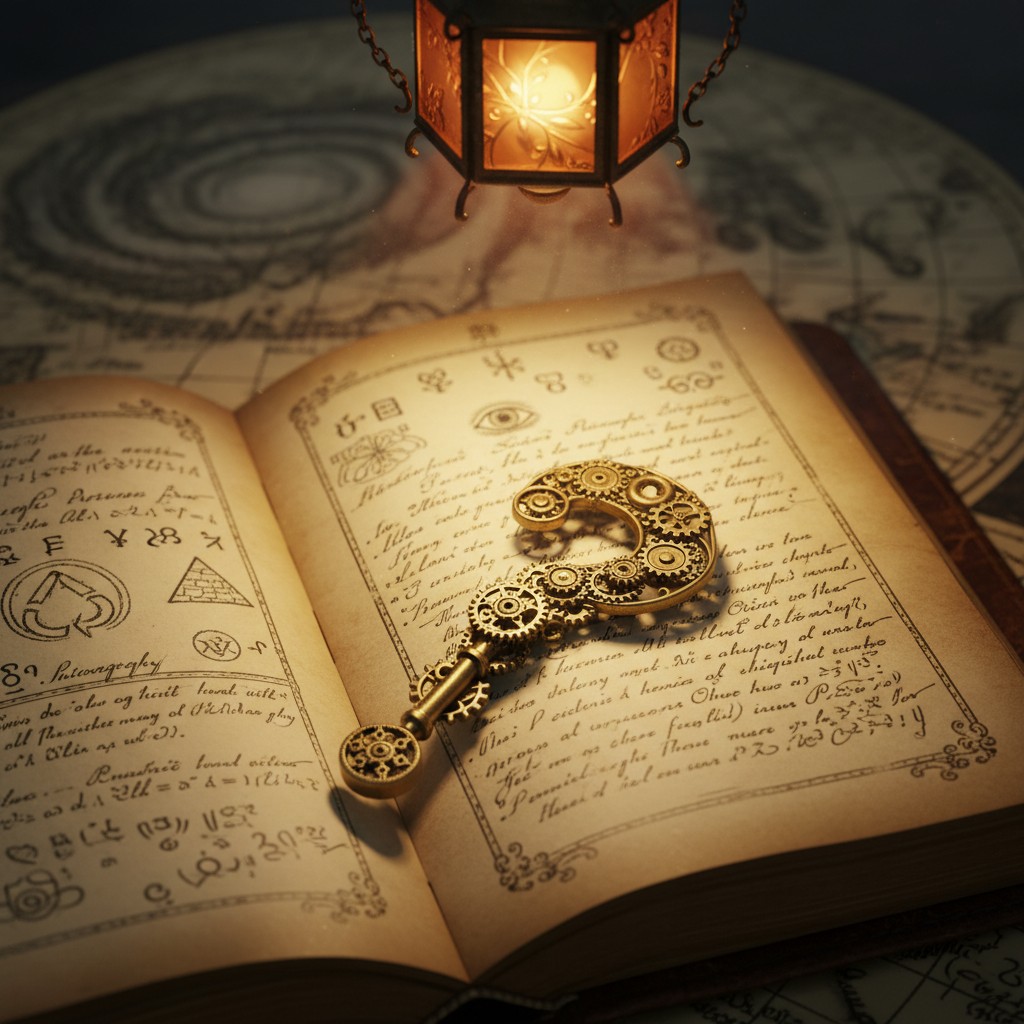 An open book with a magnifying glass and a lamp on top, surrounded by ancient symbols and an ornate table.