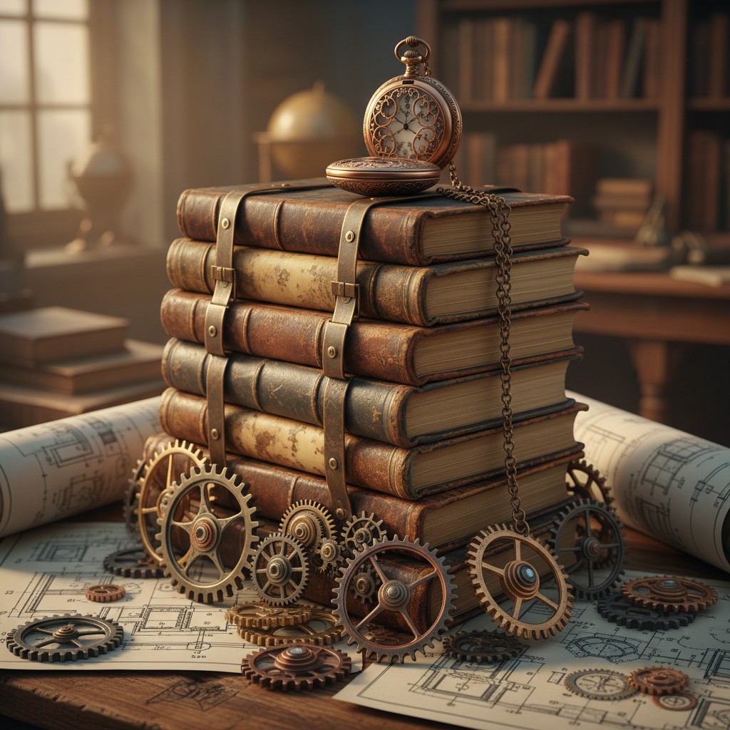 Ancient Machine-inspired still life, intricately detailed gears, intricate patterns on a clock, overlaying timeless leathe...