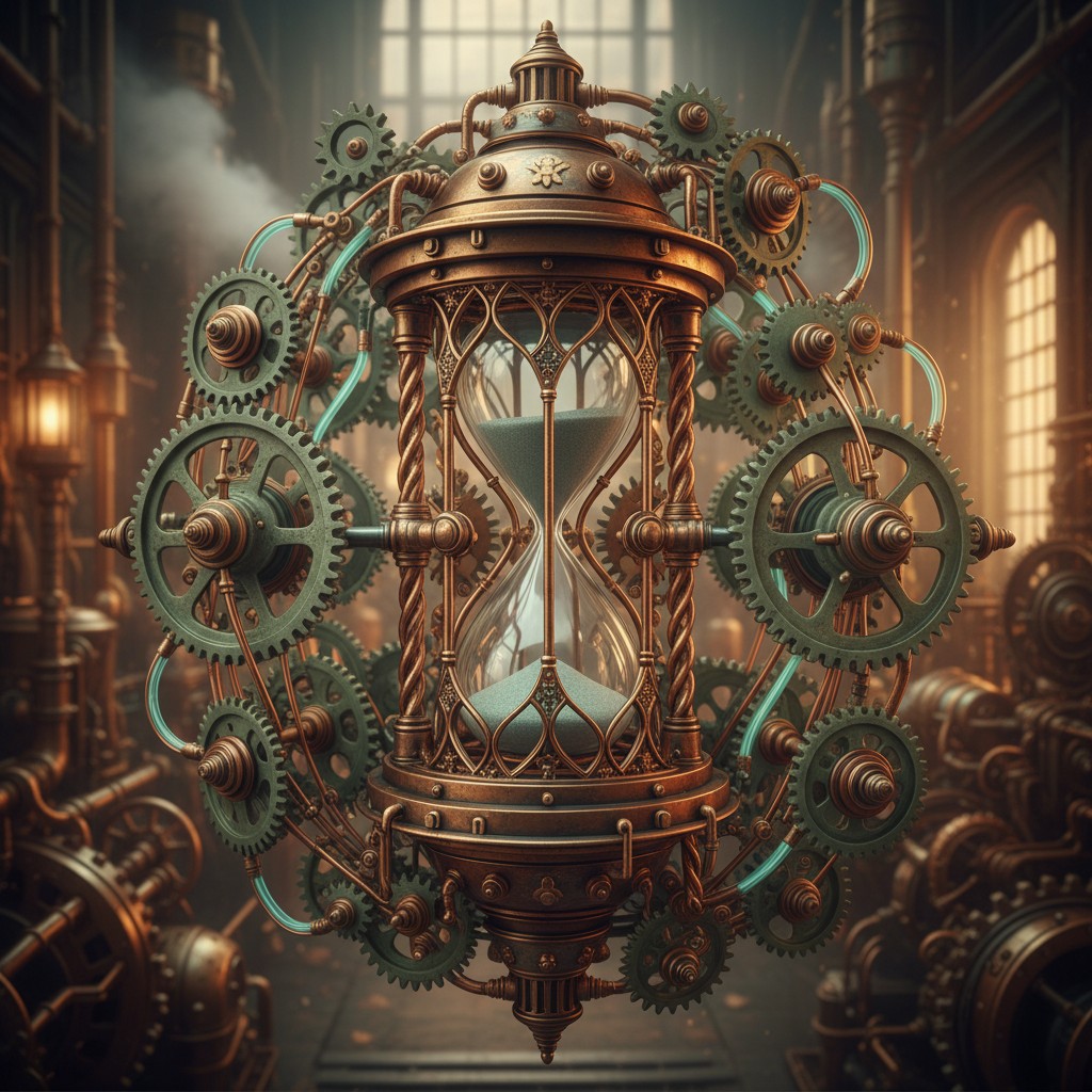 A gothic style hourglass encased in gears and metal, situated in a factory setting.