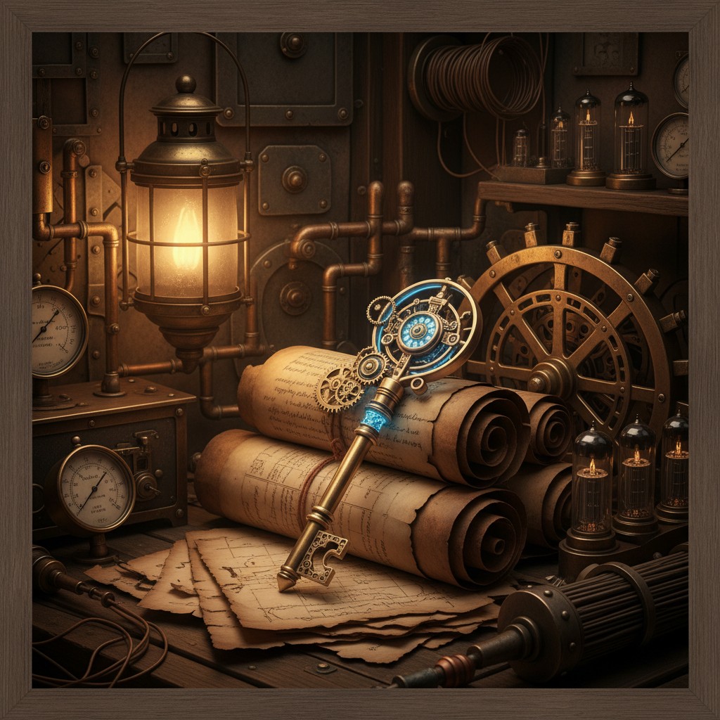 A steampunk-themed room with an old-fashioned key and a clock on the wall.